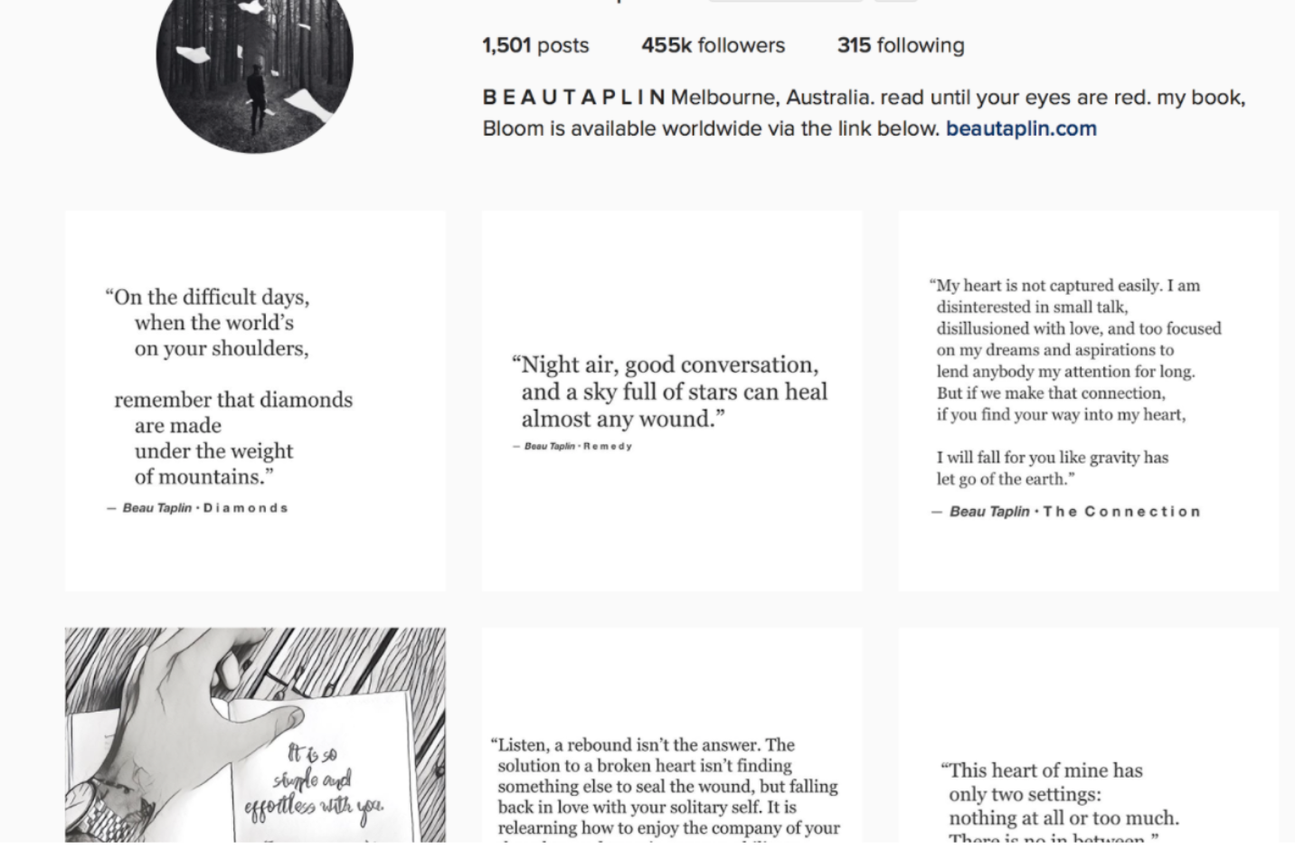 Example of Beau Taplin's Instagram page