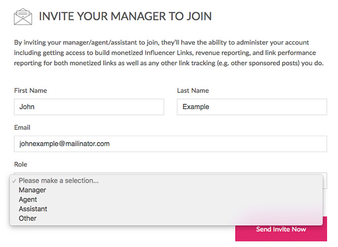 Invite Manager to join influencer filled