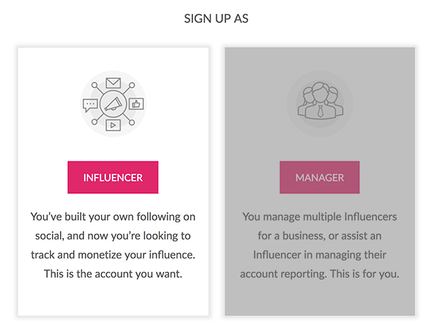 Sign up as Influencer or Manager